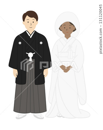 身穿日本傳統婚禮服飾的新郎和新娘插圖 - 國際婚姻 131120045
