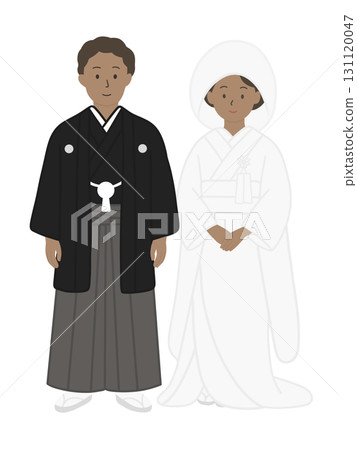 身穿日本傳統婚禮服飾的新郎和新娘插圖 - 國際婚姻 131120047