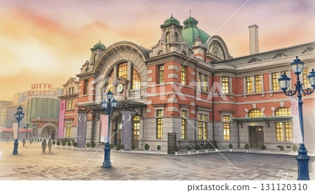 A beautiful watercolor illustration of the old Seoul Station building in the sunset. Version with street lights. Version without street lights. 131120310