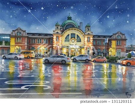 Beautiful watercolor illustration of the old Seoul Station building with a beautiful night view after the rain 131120311