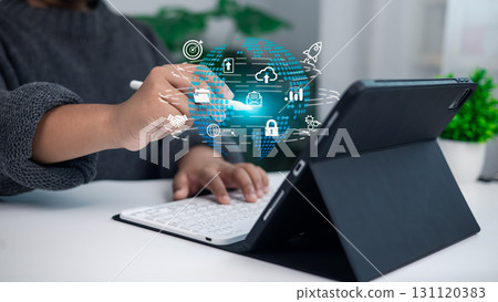 Person using stylus on tablet with digital globe, business technology, global networking, digital transformation Person using stylus on tablet with digital globe, business technology, global networking, digital transformation 131120383