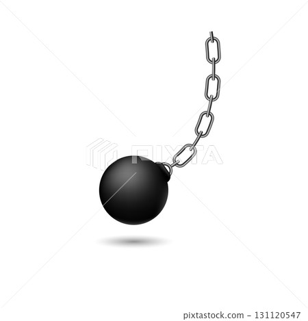 Solid black wrecking ball with chain illustrating a strong demolition tool 131120547