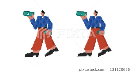 Pixel art style illustration of a person holding a camera in vibrant colors and retro fashion Pixel art style illustration of a person holding a camera in vibrant colors and retro fashion 131120636