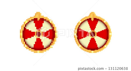 Pixelated and smooth red and white circular shields with golden edges Pixelated and smooth red and white circular shields with golden edges 131120638