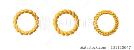 Three golden doughnut shapes with unique textures displayed in a row Three golden doughnut shapes with unique textures displayed in a row 131120647