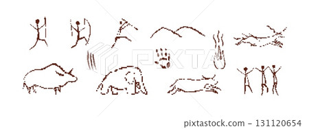 Mosaic style pixel art of ancient cave drawings featuring animals and primitive figures Mosaic style pixel art of ancient cave drawings featuring animals and primitive figures 131120654