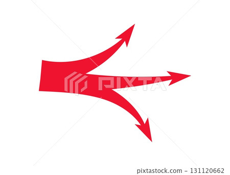 Dynamic red arrow with splitting paths for strategy and action movements Dynamic red arrow with splitting paths for strategy and action movements 131120662