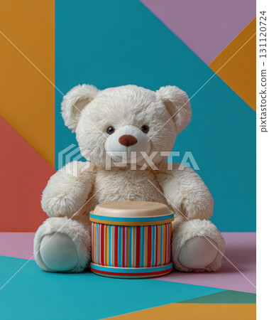 Soft teddy bear holding striped drum, perfect for celebrating Kwanzaa for children with joy and creativity 131120724