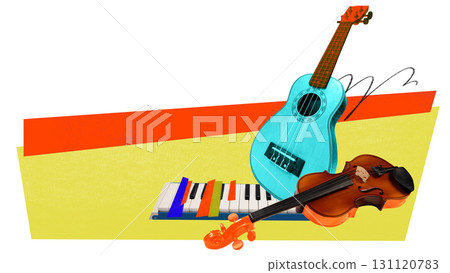 Blue ukulele with violin and piano on abstract yellow red composition Blue ukulele with violin and piano on abstract yellow red composition 131120783