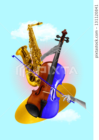 Golden saxophone and blue violin with radiant surreal design Golden saxophone and blue violin with radiant surreal design 131120841