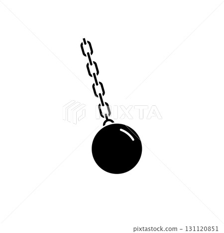 Simple black solid wrecking ball swinging from chain in motion depicting destruction Simple black solid wrecking ball swinging from chain in motion depicting destruction 131120851