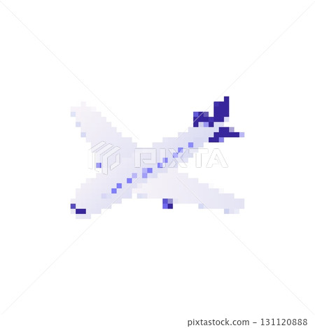Mosaic pixel art icon of airplane with cartoon style and flat design in blue and white tones 131120888