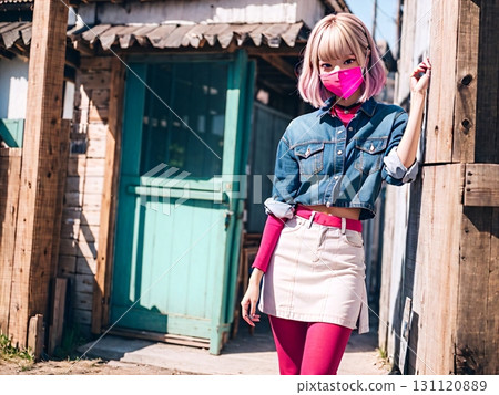 A young woman wearing a hat posing in front of an old house 131120889