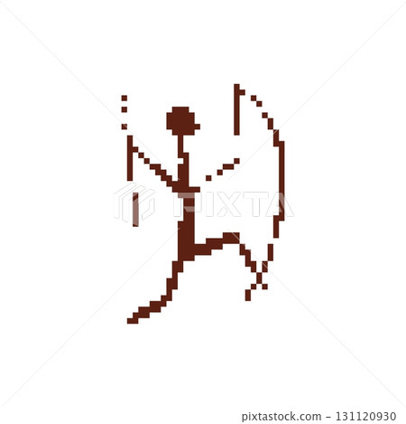 Pixel archer cave painting icon in primitive mosaic style for survival or tribal-themed designs 131120930