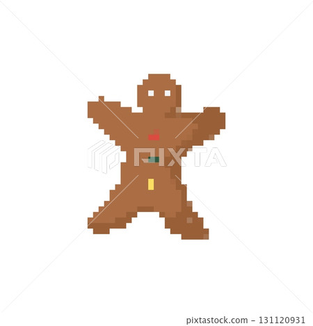 Mosaic pixel gingerbread man icon with nostalgic holiday and festive vibes in retro style 131120931