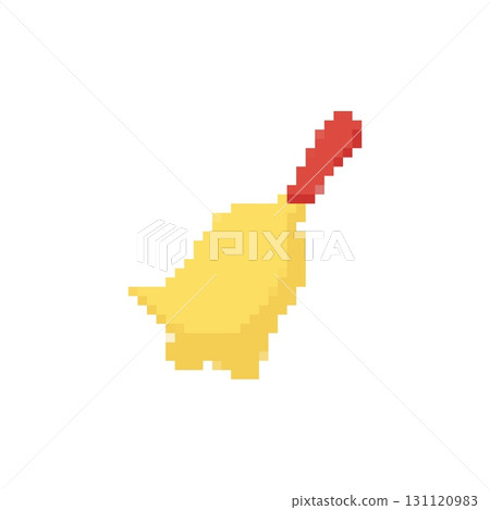 Mosaic pixel art illustration of yellow broom with red handle for cleaning or household themes 131120983