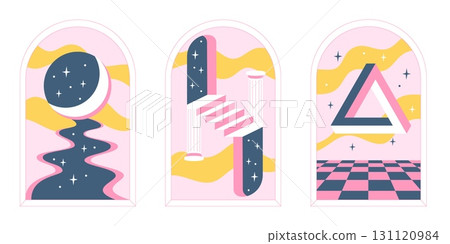 Surrealism poster set. Abstract shapes, moon light, stairs and geometric elements. Vector illustration in minimal style Surrealism poster set. Abstract shapes, moon light, stairs and geometric elements. Vector illustration in minimal style 131120984