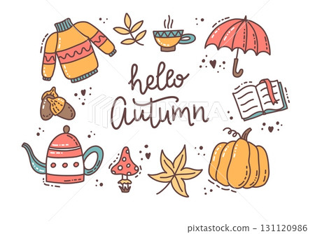 Hello autumn elements set with calligraphy, cute hand drawn seasonal objects. Vector illustration in doodle style Hello autumn elements set with calligraphy, cute hand drawn seasonal objects. Vector illustration in doodle style 131120986