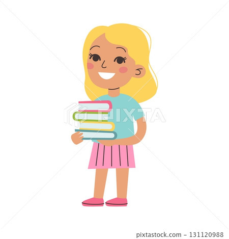 School girl cute blonde character holding books. Colorful vector illustration in flat style 131120988
