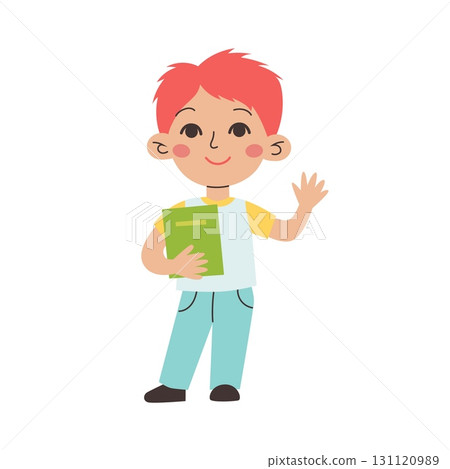School boy cute red hair character holding book. Colorful vector illustration in flat style School boy cute red hair character holding book. Colorful vector illustration in flat style 131120989