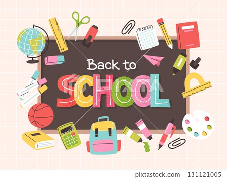 School supplies and blackboard, colorful lettering. Vector illustration in flat style School supplies and blackboard, colorful lettering. Vector illustration in flat style 131121005