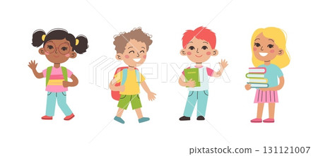 School children. Boys and girls with school supplies. Vector illustration in flat style School children. Boys and girls with school supplies. Vector illustration in flat style 131121007