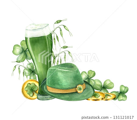 Watercolor full green ale glass, hat, coin pile, green herbs, clover leaves illustration on isolated background. Traditional St. Patrick day malt beer glass among leprechaun hat and money stack. Watercolor full green ale glass, hat, coin pile, green herbs, clover leaves illustration on isolated background. Traditional St. Patrick day malt beer glass among leprechaun hat and money stack. 131121017