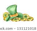 Watercolor golden shamrock coins heap and leprechaun green hat illustration on isolated background. St Patrick day hat on shamrock gold coin finance pile for holiday design, festive greeting card. 131121018
