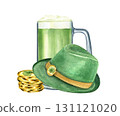 Watercolor traditional St. Patrick day holiday attributes illustration on isolated background. Green ale glass with foam, gold metal coins and hat. Leprechaun accessories for party, greeting cards. 131121020