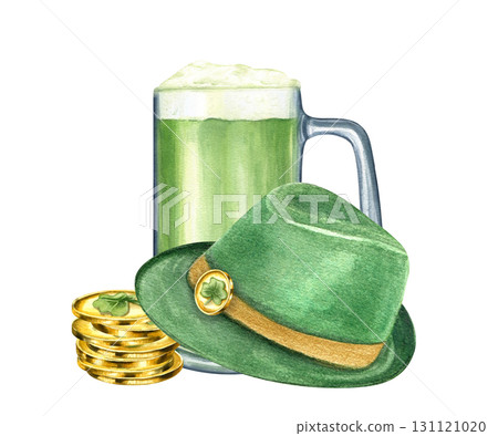 Watercolor traditional St. Patrick day holiday attributes illustration on isolated background. Green ale glass with foam, gold metal coins and hat. Leprechaun accessories for party, greeting cards. 131121020