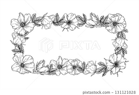 Monochrome blooming flowers with leaves vector rectangle frame painting by black inks. Wild poppy etching drawing border with copy space for text. For greeting cards, , valentine day invitations 131121028