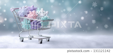 Banner winter pastel snowflake decorations shopping cart snowy background joyful holiday scene 131121142
