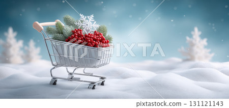Banner winter holiday shopping cart with red berries pine branch and snowflake in snowy scene 131121143