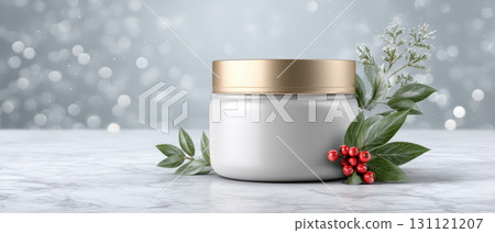 Winter banner cream jar with holiday berries and leaves on marble 131121207