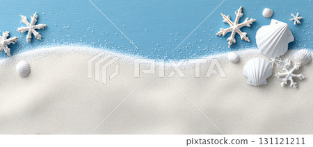 Banner winter beach scene with white sand shells starfish calm coastal mood 131121211