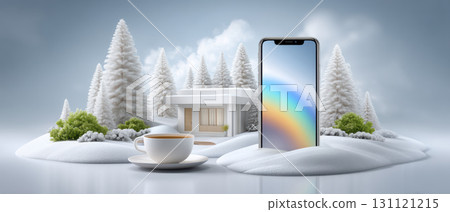 Cozy banner winter scene with modern home smartphone and coffee cup evoking calm 131121215