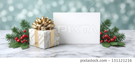 Elegant winter banner with wrapped gift and festive evergreen sprigs evoking warm holiday cheer 131121216