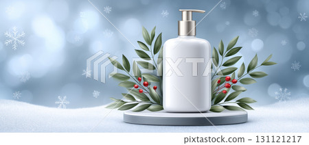 Winter banner featuring lotion bottle snowy pedestal with foliage and red berries evoking cozy 131121217