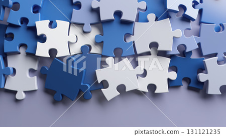 Blue and white puzzle pieces scattered in 3D illustration background 131121235