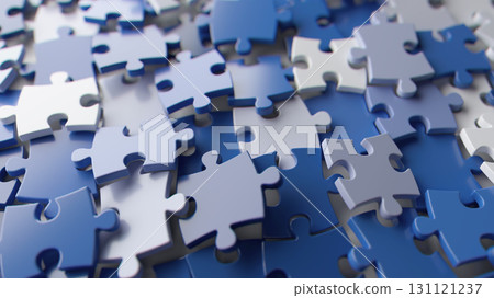 Blue and white puzzle pieces scattered in abstract background Blue and white puzzle pieces scattered in abstract background 131121237