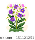 Beautiful purple flowers with pink buds. Cartoon vector floral illustration for garden decoration and spring design. 131121251