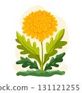 Bright yellow flower with green leaves. Cartoon vector illustration for garden, nature, summer floral decoration and design. 131121255