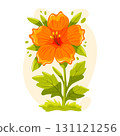 Orange flower with green leaves. Cartoon vector floral illustration for summer, nature and garden decoration. 131121256