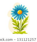 Blue cartoon flower with yellow center and green leaves. Vector floral design for summer garden, spring nature and decoration. 131121257