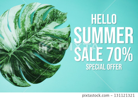 Hello Summer Sale 70% Special Offer with monstera leaf on blue background Hello Summer Sale 70% Special Offer with monstera leaf on blue background 131121321