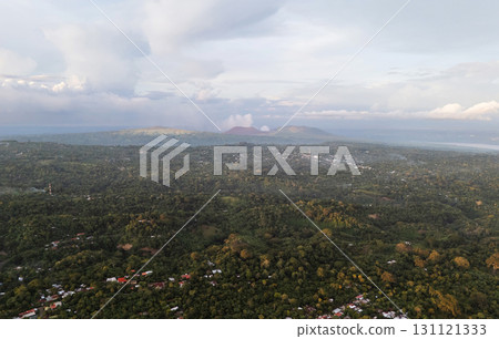 Aerial view of lush green land and volcanic mountains 131121333