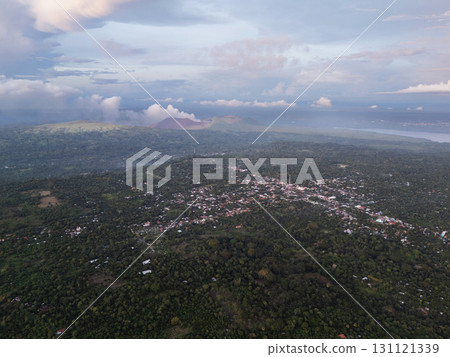 Beautiful aerial view of green landscape with clouds 131121339