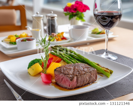Gourmet Delight: Succulent Lamb Steak in a Fine Dining Setting	 131121346