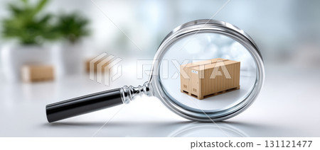 Small cardboard crate on pallet under magnifying lens, closeup inspection mood 131121477