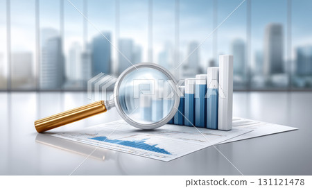 Magnifying glass over financial chart with bar graph and data analysis, focused business insight 131121478